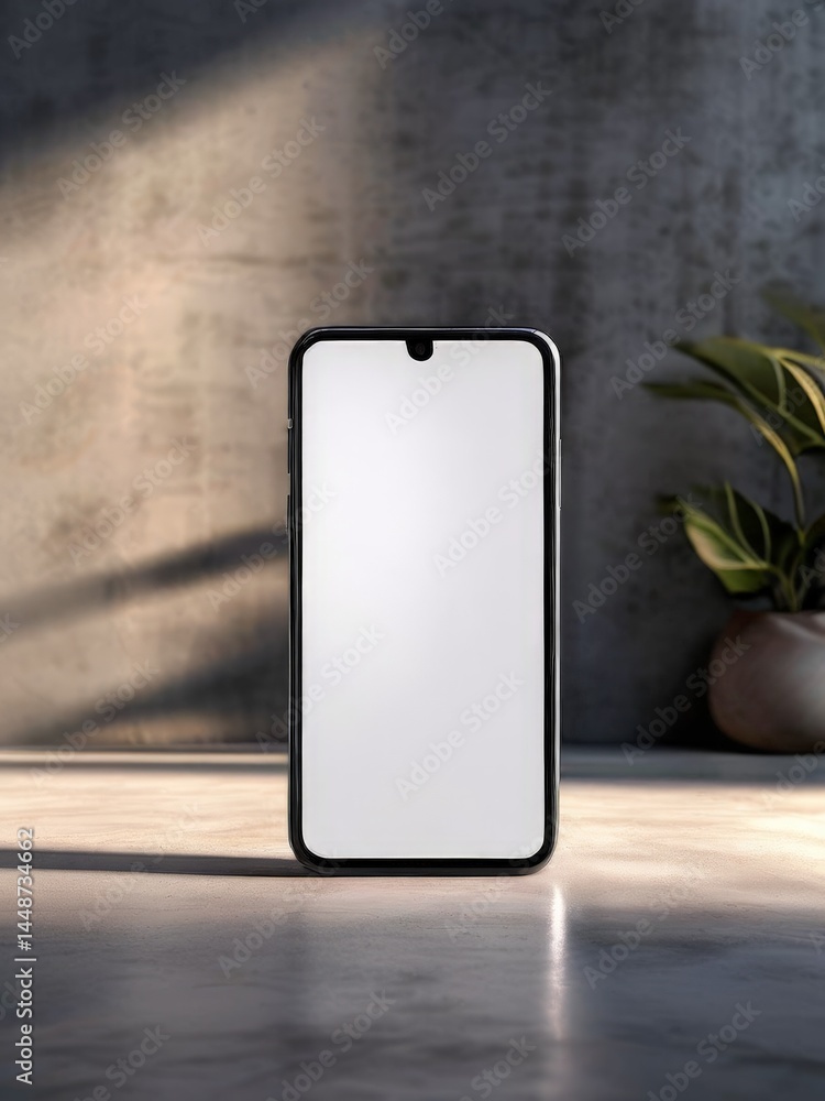 Poster mock- up white smartphone with black screen and blank on the background of a marble table sunlight s