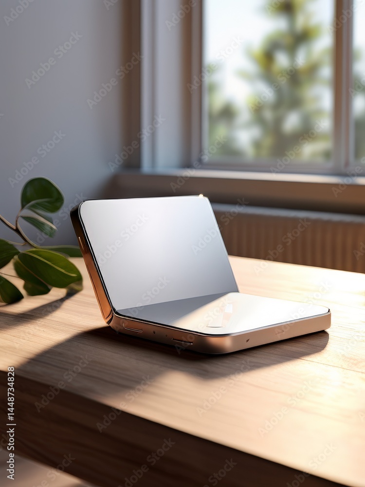 Poster laptop computer with blank screen on wooden desk blurred office background. 3d rendering