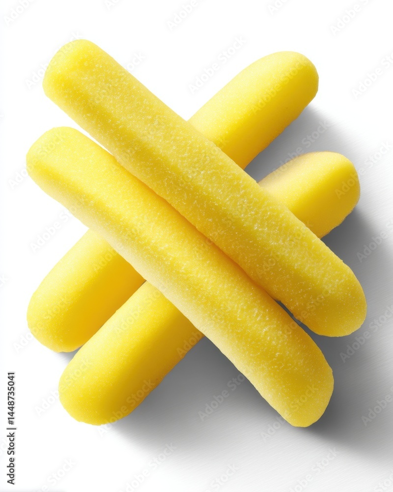 Poster close up of yellow sponge sticks stacked on white background creating a playful and inviting composi