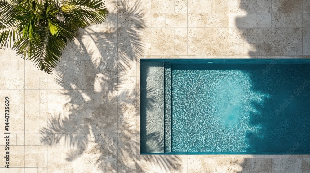 Aufkleber serene aerial view of a turquoise swimming pool surrounded by travertine tiles and palm tree shadows