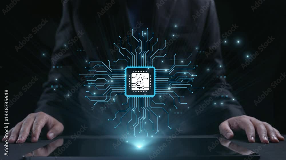Poster this image showcases a futuristic technology concept, featuring a processor surrounded by intricate 