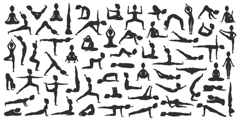 Women Yoga, fitness, pilates poses silhouette set. 64 yoga asanas on white background. Flat Vector illustration