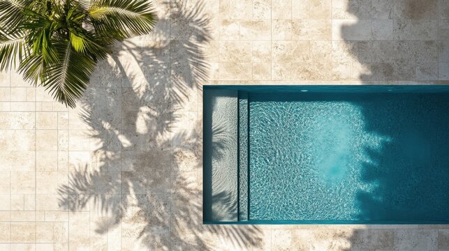 Serene aerial view of a turquoise swimming pool surrounded by travertine tiles and palm tree shadows creating a tranquil summer scene