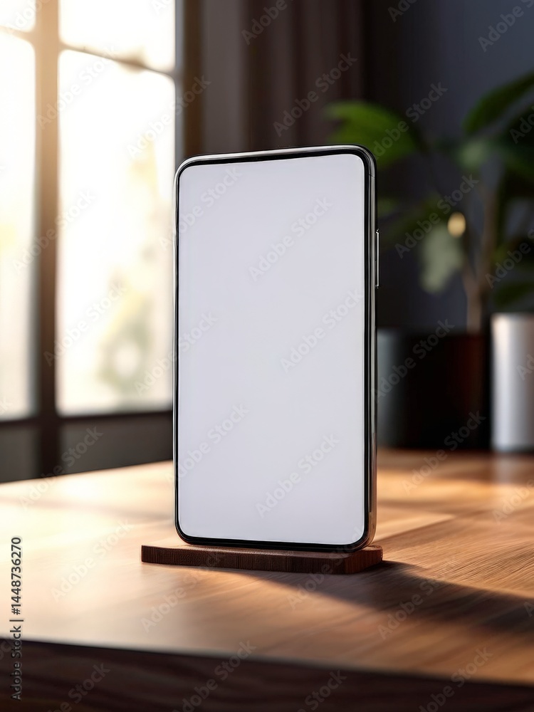 Poster 3d rendering of modern smartphone with blank screen on table.