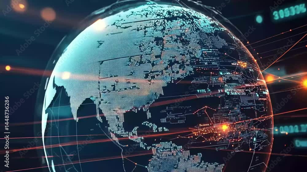 Poster globe showcasing interconnected data processing and global networks in a digital environment, globe 