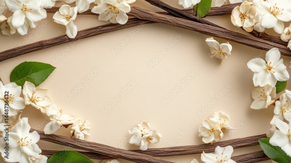 Aufkleber elegant floral frame with delicate white blossoms and rustic wooden branches on a soft beige backgro