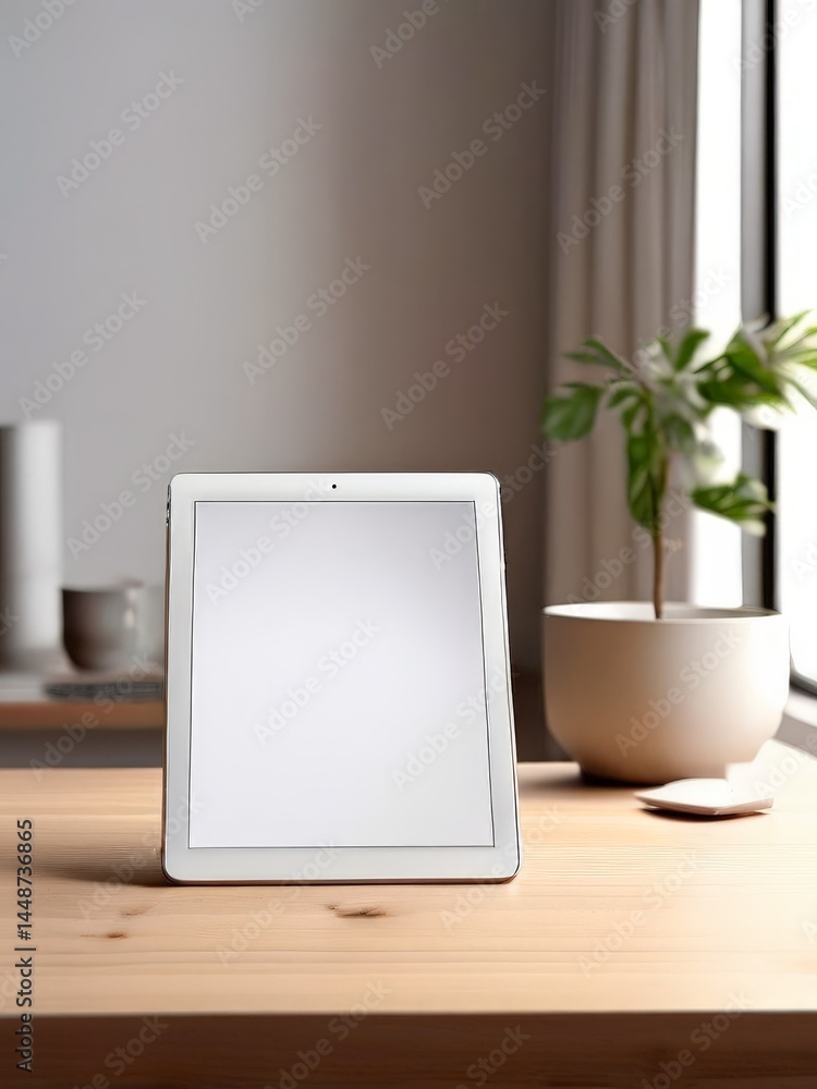 Poster digital tablet on white screen with modern computer in living room interior. mockup template design.