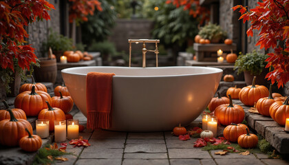 Cozy outdoor bath area adorned with pumpkins and candles during autumn