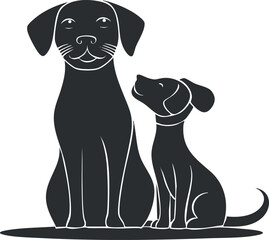 Fototapeta premium Silhouette illustration of a large dog sitting next to a smaller puppy looking up at it