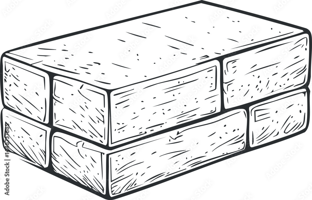 Poster hand-drawn sketch of a rectangular brick block showing texture and masonry details for construction
