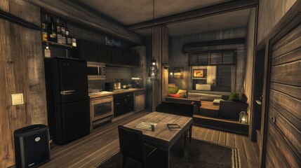 Rustic, industrial-style compact apartment interior.