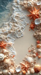 Naklejka premium High Resolution Photo Seascape Scene With Starfish Shells And Foaming Waves Beach Display