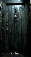 Fototapeta premium Dark, weathered wooden door in a dimly lit hallway, hinting at secrets within