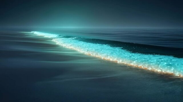 Bioluminescent waves glowing at shoreline in peaceful motion, magical shoreline beauty shown through bioluminescent waves animation, gentle sea light expressed with bioluminescent waves loop