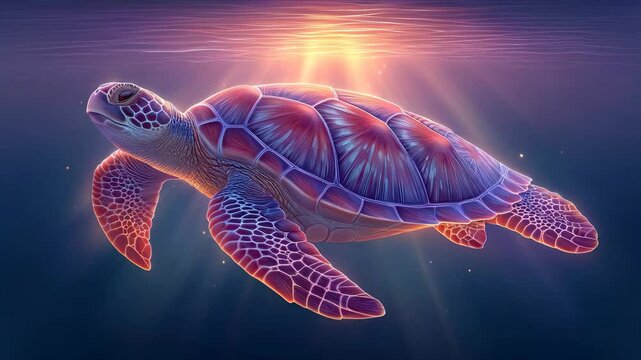 Underwater scenes with cartoon turtle passing through sunrays, gentle sea moment framed in underwater scenes depth, ocean journey softly rendered in underwater scenes beauty