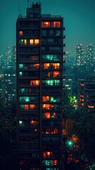 Apartment Building Lit Up at Night in Urban City Landscape