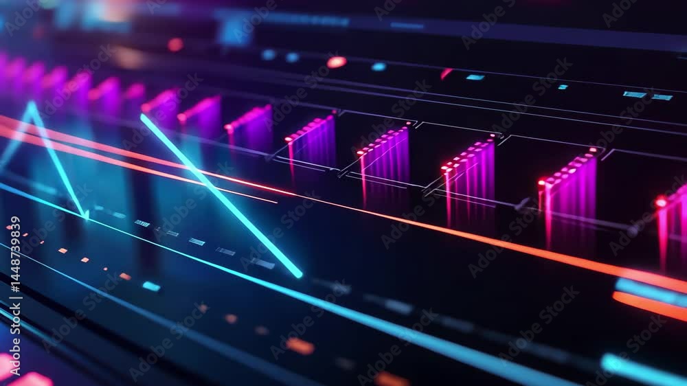 Poster multimedia player timeline bar with vibrant colors and dynamic light effects in modern technology se