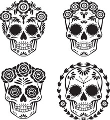 Fototapeta premium Sugar skulls silhouette set vector illustration isolated On Transparent Background