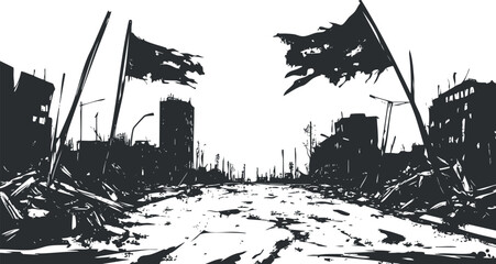Obraz premium Black and white illustration of a destroyed city street with ruined buildings and torn flags showing devastation aftermath.