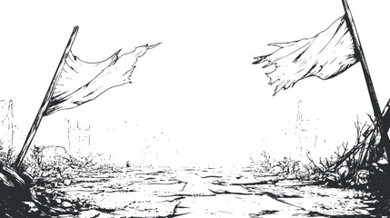 Black and white illustration of a desolate post-apocalyptic landscape with tattered flags and ruins