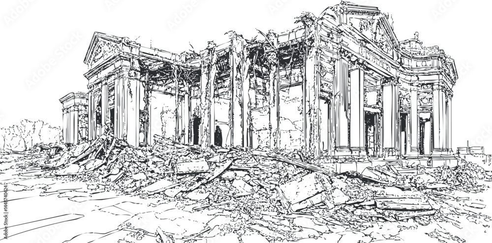 Poster black and white line drawing of a destroyed classical building with columns and rubble scattered aro
