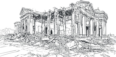 Fototapeta premium Black and white line drawing of a destroyed classical building with columns and rubble scattered around