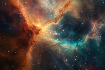 Obraz premium Cosmic Nebula A breathtaking view of vibrant orange and teal gas clouds swirling amongst a tapestry of distant stars in