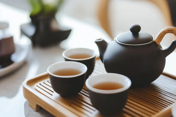Fototapeta premium Modern tea ceremony with sleek ceramic teapots, minimalist cups, and a clean setting. Stylish and calming for design content.