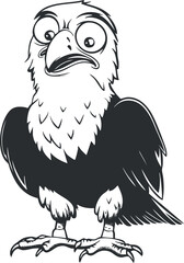 Cartoon black and white eagle with fierce expression and detailed feathers standing on ground