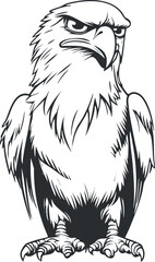 Black and white illustration of a fierce eagle with sharp beak and claws showing strength and power