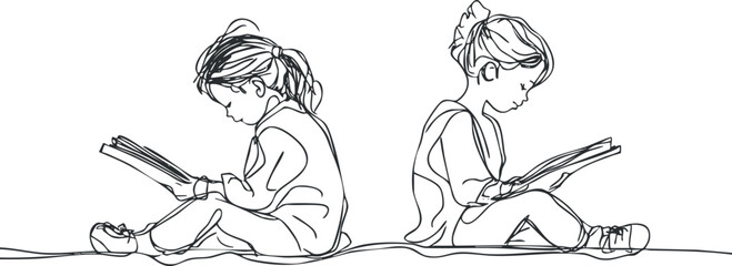 Line art illustration of two children sitting back to back reading books focused on learning and education