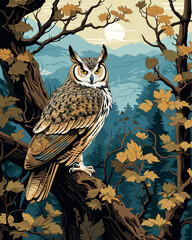 Vector Barred Owl in Twilight Forest – Wildlife Illustration on Tree Branch with Brown Leaves