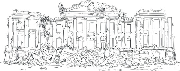 Black and white line drawing of a large ruined historic building with extensive debris and damage