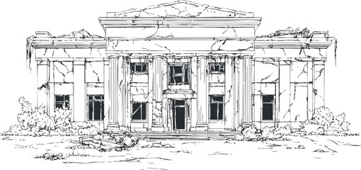 Black and white sketch of an abandoned historic building with cracked columns and visible damage