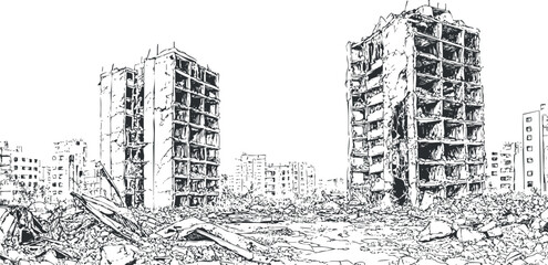 Black and white sketch of destroyed urban buildings with rubble and debris in a post disaster scene