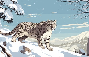 Vector Snow Leopard on Rocky Cliff – Wildlife Art in Mountain Landscape with Snowfall