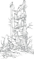 Black and white line art of a tall destroyed building in ruins with rubble and debris surrounding it.