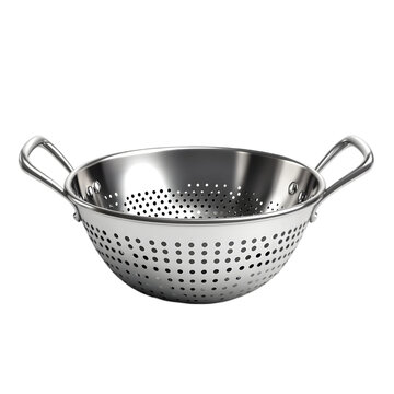 A shiny stainless steel colander with two handles and small drain holes on a black background