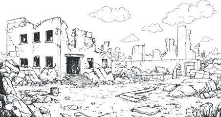 Black and white sketch of destroyed urban ruins with broken buildings and debris scattered around