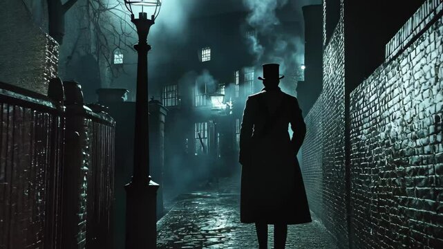 Shadowy figure of a potential Jack the Ripper walking the dimly lit streets of London at night, Jack the ripper in London at night