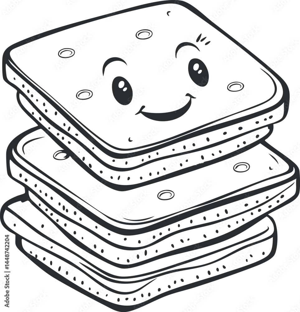 Poster black and white cartoon illustration of a smiling stack of square crackers with happy face expressio