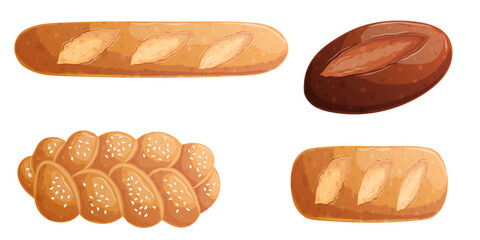 A set of various freshly baked bread on a white background. View from above. The concept of confectionery, baking, cooking. Isolated vector illustrations for menu design, posters, banners, covers