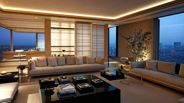Cozy evening in a modern highrise living room overlooking cityscape