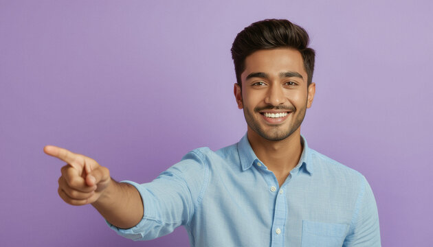 A young man with dark hair and a mustache smiles broadly while pointing directly at the viewer against a solid purple background. - Powered by Adobe