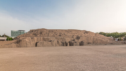 Pyramid of Huaca Pucllana timelapse hyperlapse, pre Inca culture ceremonial building ruins in Lima, Peru