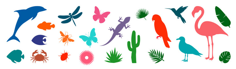 Colorful silhouettes of tropical animals, insects, birds, plants, and sea creatures on a white background. This vibrant vector set includes dolphins, parrots, butterflies, palm leaves, and more.