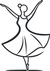 Black and white line drawing of a ballet dancer in a graceful pose wearing a tutu and ballet shoes.