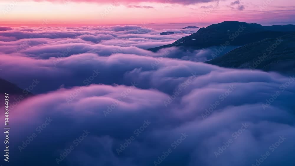 Poster aerial hyper lapse captures clouds flowing softly over mountain ranges at sunrise, aerial hyper laps