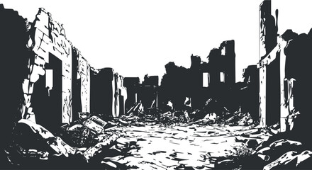 Black and white illustration of destroyed and ruined buildings with rubble and debris in a desolate urban area after destruction or disaster.