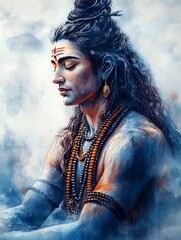 Person with long hair in a meditative pose. The person wears an earring and beads. Antique black and white photo of travel around the World: Idol statue Brahma	